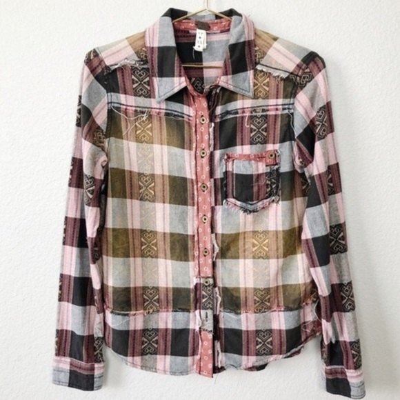 Free People We the Free Embroidered Plaid Shirt with Exposed Raw Seams S - Picture 13 of 14